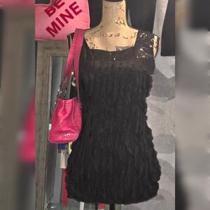 Vintage Sequin Top Cocomo Ruffle Hem Y2K Party Aesthetic Black Medium